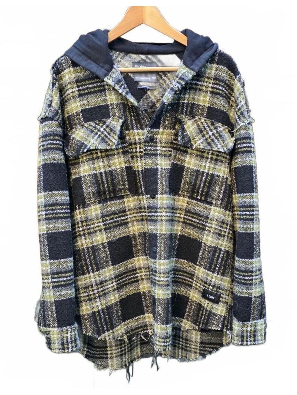 Bershka Oversized Plaid Hooded Shacket Jacket Yellow Black Checked Size M